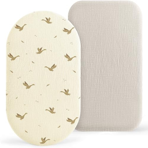 Susurration Musselin Stubenwagen Spannbettlaken 2er Set,100% Baumwolle Bettlaken Kinderwagen Matratzenschoner Spannbettlaken für Kinderwagen 90x50cm (Beige)