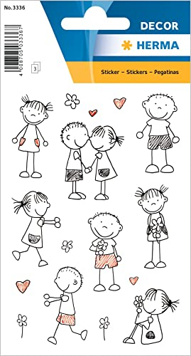 HERMA 3336 Aufkleber Strichmännchen, 24 Stück, Herz Sticker mit Junge Mädchen Blumen Motiv, Kinder Etiketten für Fotoalbum Tagebuch Poesiealbum Scrapbooking Geburtstag Dekoration Briefe DIY Basteln