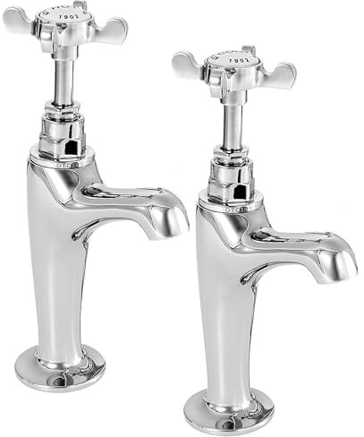 Deva Coronation High Neck Kitchen Sink Chrome Finish Hot & Cold Traditional Edwardian Era Style Cross Handle Silver Basin Pillar Tap CR27A – 12 Year Warranty, Set of 2 Pieces