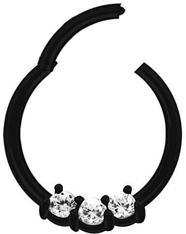 Piercing Ring Smooth Segment Clicker mit Stein, PVD Schwarz in 1,2 x 6 mm