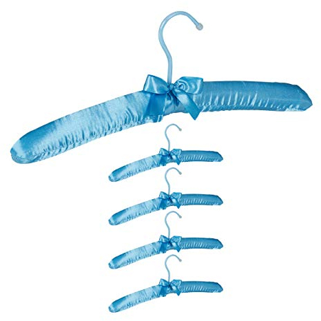 Relaxdays Kleiderbügel Satin, 5er Pack, weich gepolstert, 360° drehbarer Haken, dekorative Schleife, 38 cm, hellblau