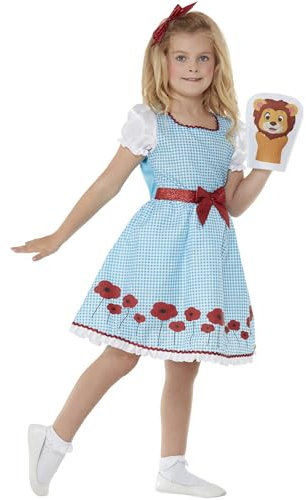 Smiffys Deluxe-Kostüm Bauernmädchen, Blau, Kleid, Bogen und Handpuppe