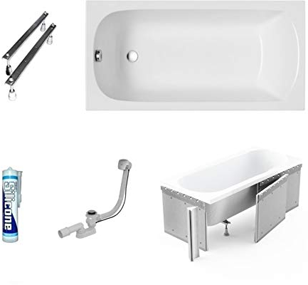 ECOLAM® Badewanne Wanne Rechteck Classic Polimat Acryl weiß 150x70 cm + Styroporverkleidung 1.041 zum Verfliesen + Ablaufgarnitur Ab- und Überlauf Automatik Füße Silikon Komplett-Set