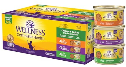 Wellness Complete Health Pate Variety Pack Adult Canned Wet Cat Food, Natural, Protein Rich, Grain Free, Chicken and Turkey Favorites, 3 oz, Pack of 12 Cans