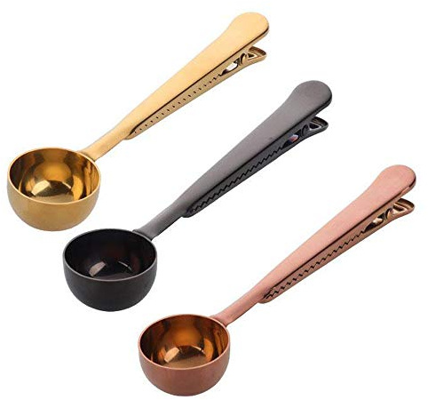 3 PCS Coffee Scoop with Clip 2 in 1 Stainless Steel 1 tbsp Ground Measuring Spoon with Bag Clip for Coffee Tea