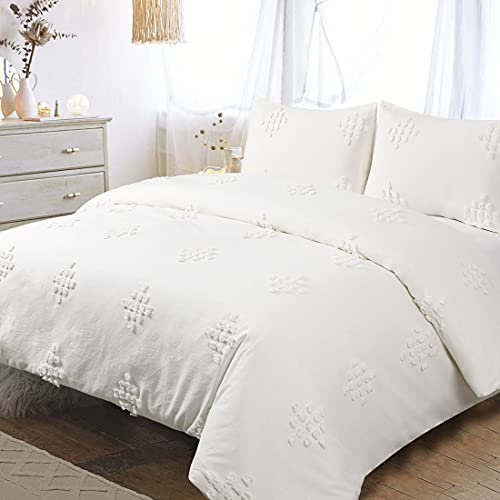 YINFUNG Elfenbeinfarbener Boho-Queen-Size-Bettbezug, Baumwolle, getuftet, strukturiert, marokkanisch, gepunktet, Boho-Chic-Geo, 3-teiliges Bettwäsche-Set, 90x90 cm, Bettbezug