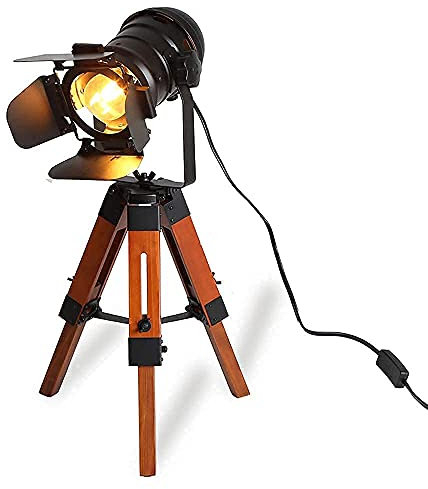 Industrial Vintage Wood Tripod Floor Lamp - Modern Nautical Cinema NightStand Table Searchlight Adjustable Height - Rustic Reading