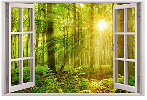 216 Wandtattoo Fenster - grüner Wald 2 Sonnenstrahlen Größe 1500 x 1000 mm - in 6 Größen - Kinderzimmer Sticker Wandaufkleber Wanddeko Wandbild