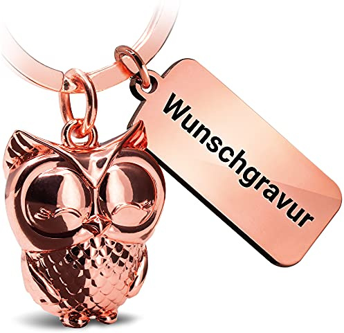 FABACH Eule Schlüsselanhänger Owly mit Wunschgravur - Schlüsselanhänger Eule mit personalisierter Gravur - Freundschaft Liebe Glücksbringer aus Metall - Eule Wunschtext individuell graviert