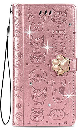iPhone 13 Pro Case Glitter Bling Shockproof Slim Flip PU Leather Wallet Phone Case Cat & Dog with Magnetic Stand Folio Bumper Silicone Protective Phone Cover for iPhone 13 Pro Rose Gold
