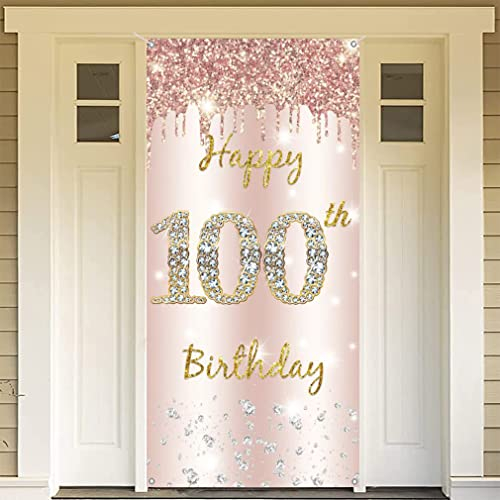 100. Geburtstag Deko Frauen, Happy 100th Birthday Door Banner Roségold Stoff Schild Plakat Türdekoration Hintergrund Banner Damen, Geburtstagsfeier Willkommensschild