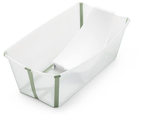 Stokke Flexi Bath (Verde transparente) con Soporte para recién nacido - Duradera y fácil de guardar - Práctica para usar en casa o de viaje - Para bebés 0 a 48 meses