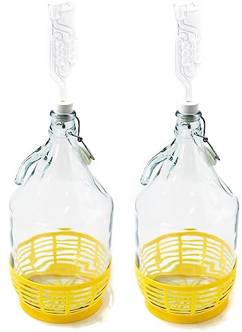 WYSKONT Bouteille bonbonne à col étroit avec couvercle pivotant, panier de protection, sas et bouchon pour la fabrication du vin, la fermentation, le stockage des boissons, verre transparent, 2 x 5 L