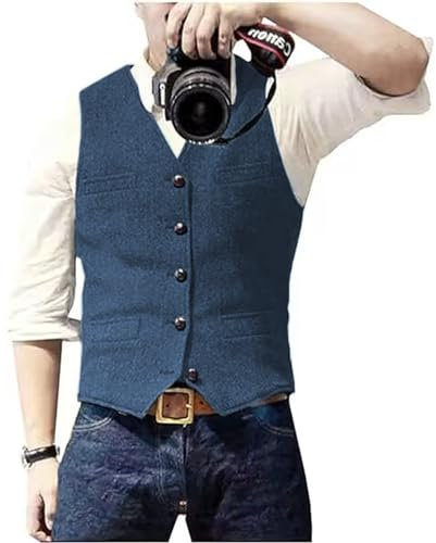 Solovedress Gilet Homme Costume Classique Col V Tweed La laine pour le Mariage Entreprises(Bleu, L)