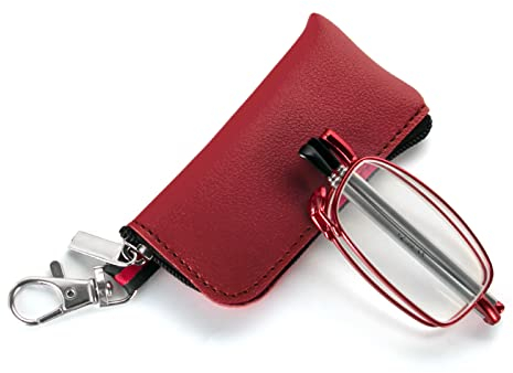 MMOWW Faltbare Lesebrille für Damen und Herren mit Teleskopstange mit Reißverschluss Schlüsselanhänger Mini Anti Blaulicht Brille (Rot,+1,5)