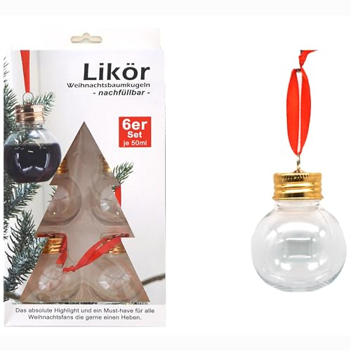 6 x Weihnachtskugeln zum Befüllen mit Likör oder Schnaps 50 ml - Chritbaumkugeln zum Füllen mit Schnaps - 6 x Boozeballs - Befüllbare Weihnachtskugeln