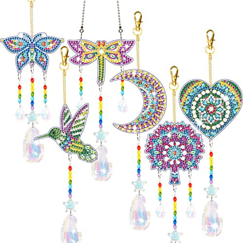 YUNVI 6 Stück Diamant-Malerei, Sonnenfänger, doppelseitig, 3D-Diamant-Malerei, Windspiel, Malen nach Zahlen, Kristalle, Edelstein, Diamant-Malerei, hängende Ornamente für Erwachsene, Zuhause, Garten