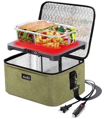 Aotto Horno portátil, calentador de alimentos eléctrico, 12 V/24 V/110 V, calentador de alimentos 3 en 1, lonchera térmica para adultos, cocinar, recalentar y mantener las comidas calientes para coche