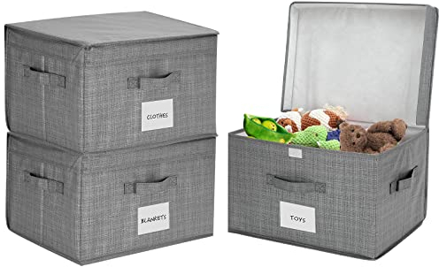 Lifeforce Set of 3 Foldable Grey Fabric Storage Boxes with Lid, 32L Storage Cubes with 3 Sides Sturdy Handles, Wardrobe Storage Organiser Storage Bins for Shelves, Wardrobe, Office