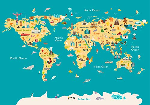 wandmotiv24 Fototapete bunte Weltkarte Figuren Kinder, 300 x 210 cm - selbstklebende Strukturtapete, Wanddeko, Wandbild, Wandtapete, Atlas Globus Karte Hai Wal Fuchs M6658
