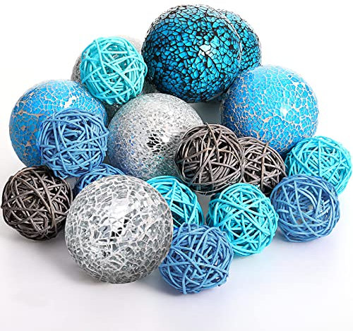 Jetec 18 Pcs Blue Decorative Balls for Bowls Centerpiece 6 Mosaic Sphere Glass Orbs 12 Wicker Rattan Balls Set for Home Vase Bowl Garden Wedding Party Decoration