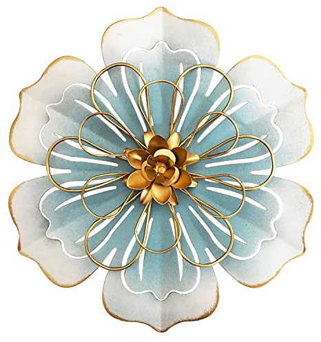 Metal Flower Wall Art Decor, 9.5”Rustic Modern Floral Sculpture, Distressed Iron Wall Hanging Home Decoration Accent Artworks for Indoor Kitchen Bedroom Living Office Outdoor Garden Patio-06 Blue Gold