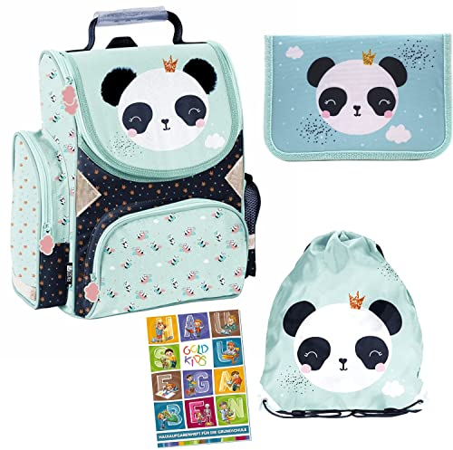 Goldkids Schulranzen Set Panda Motiv ergonomischer Ranzen Federmappe Turnbeutel Aufgabenheft für die Grundschule 4er Set. Geeignet ab der ersten Klasse der Grundschule.