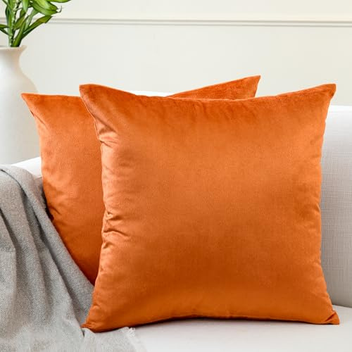 Encasa XO Kissenbezüge aus Samt - 2er-Set (45x45 cm) - Orange- Uni gefärbt, weich & glatt, waschbar, quadratisch, großer Wurfkissenbezug für Couch, Sofa, Stuhl, Bett und Wohnbereich