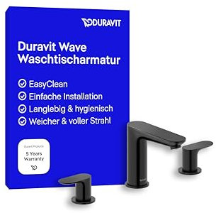 Duravit Wave Waschtischarmatur (Auslauf Höhe 108 mm), 3-Loch Wasserhahn Bad, Armatur Waschbecken, Schwarz Matt