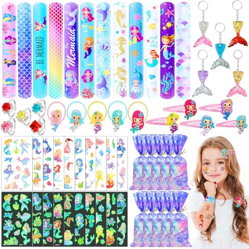 Zeuwets Gadget Sirena Compleanno Bambina, 52 Pezzi Sirena Festa Giocattoli Bambini Regalo, Party Regalini Braccialetti Slap Tatuaggi Temporanei Portachiavi Anello Mollette Elastici per Capelli