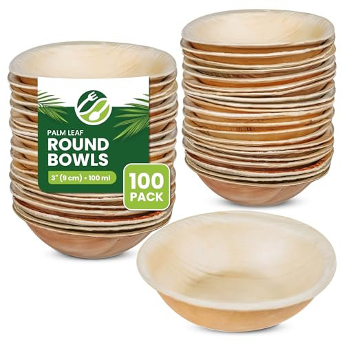 ECO Leaf 100 Disposable Palm Leaf Bowls |3”(9cm) Round Compostable Dinner Bowls | Eco-Friendly, Biodegradable Heavy-Duty Bowl for Wedding, Party and Picnic | Microwave & Oven Safe, Pack of 100