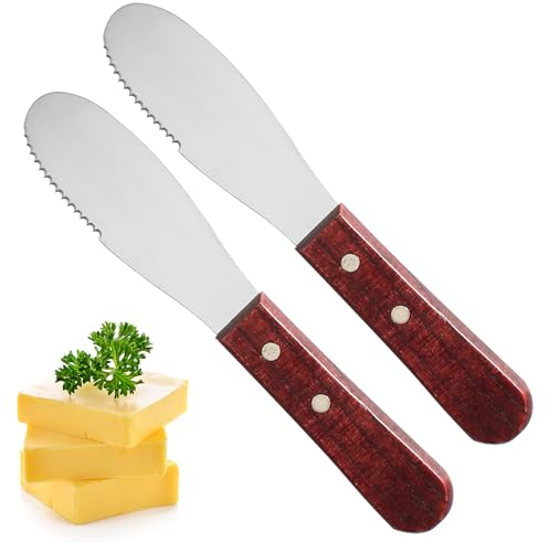OurLeeme Lot de 2 couteaux à beurre pour fromage en acier inoxydable avec bord dentelé, manche en bois, spatule à beurre, ustensile de cuisine pour la fabrication de pâtisseries avec confiture de