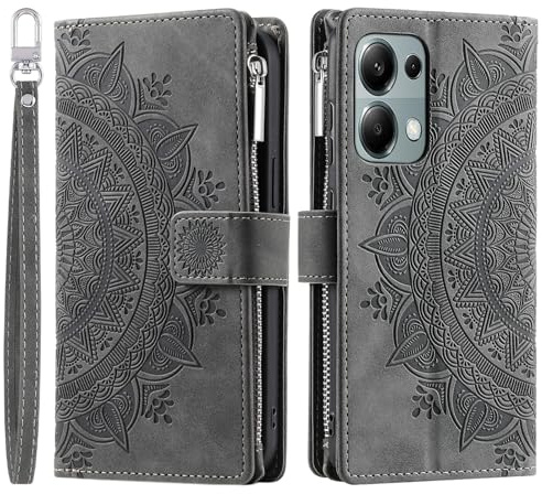 VEEMOS Handyhülle für Xiaomi Redmi Note 13 Pro 5G hülle Klappbar Blumen Handytasche Schutzhülle Klapphülle mit Kartenfach Handy Tasche Book Cover Flip Case Ständer - Grau
