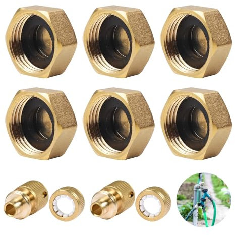 Brass Blanking Cap, 6PCS Garden Hose Female End Caps with Hose Washers and 2 PCS Brasses Hose Connector, Brass EndCap, Pipe Connection Fittings Suitable for Garden Hoses, Radiator Valves