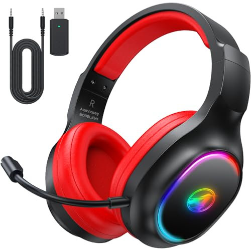 Awinnasey Cuffie Gaming Wireless da 2,4 GHz per PC, Mac, Switch, PS4, PS5, Cuffie Wireless con Cancellazione del Rumore con Microfono Staccabile, Cuffie Bluetooth con Cavo da 3,5 mm, Nero Rosso