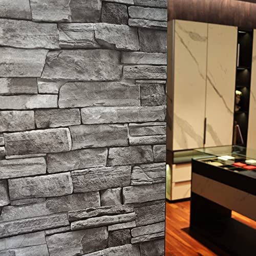 auxua Papel tapiz de ladrillo gris para despegar y pegar, 17.7 x 590 pulgadas, papel tapiz de piedra sintética 3D, impermeable, autoadhesivo, para baño, dormitorio, cocina, sala de estar