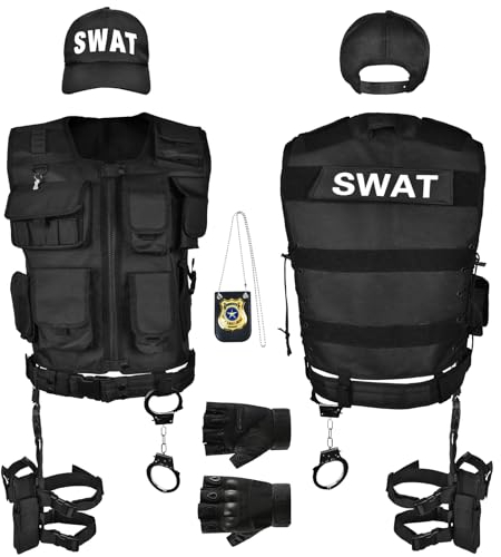 Ulikey SWAT Kostüm Weste, SWAT Weste Herren, Polizei Kostüm Herren für Erwachsene, Security Kostüm mit Einsatzweste, Basecap, Pistolenholster, Gürtel für Cosplay Karneval Fiesta Disfraces (SWAT)