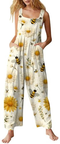 Generic Women's Linen Dungarees - Yellow, Gingham Pattern, Size 5XL, Low Waist, Adult