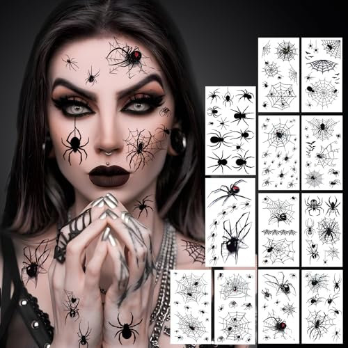 12 Blätt Halloween Tattoo Gesicht Spinnen, Spinnen Tattoo Halloween Gesichtstattoo, 3D Realistisch Temporäre Schädel Spinnentattoos für Erwachsene Kinder Halloween Party Schminke