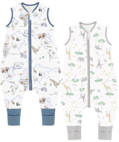 Chilsuessy Baby Schlafsack mit Füßen 2er Pack 1.5 Tog Kinder Ganzjahres Schlafsack 100% Baumwolle Baby Schlafsack mit Beinen, 1.5 Tog/Giraffenwald + Tierkarte, 80cm/Baby Höhe 85-95cm