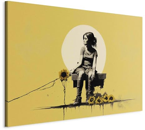 murando - Wandbilder XXL Banksy art 90x60 cm 1 tlg - Wand Deko Leinwand Bilder Groß Wanddeko Wohnzimmer Schlafzimmer Kunstdrucke - Abstrakt sitzendes Mädchen mit Sonnenblumenblüten h-H-10028-b-a