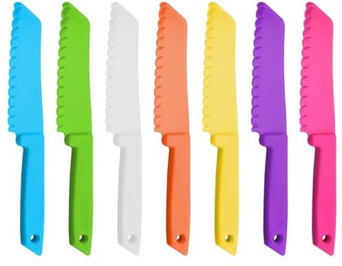 Gurfzcyuoo Plastic Kid Kitchen Knife Set, 7 Pcs Safety Knives for Children Kitchen Knife Set, Reusable Nylon Chef Knife Colorful Serrated Knife for Baking Fruit Bread Cake Lettuce Salad