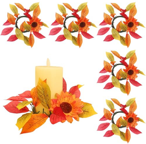 Kerzenringe, Kränze, Künstlicher Ahorn-Sonnenblumen-Kerzenhalter, Thanksgiving-Bauernhaus-Kerzenkränze, Ringe, Rustikale Weihnachts-Halloween-Thanksgiving-Dekoration