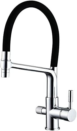Küchenarmatur aus gebürstetem Nickel, Chrom, ausziehbar, mit Doppelfunktion, Wasserfilter und schwarzem Gummi-Brauseschlauch, 3-Wege-Küchenarmaturen