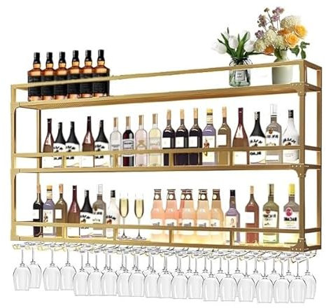 Wall Mounted Wine Rack, Metal Wine Rack Wall Mounted, Large Liquor Bar Display Shelf, Bar Unit Floating Shelves, Rack Iron Display Stand Wine Holder for Bar Cafe Home Kitchen (GOLD, 180*25*90CM)
