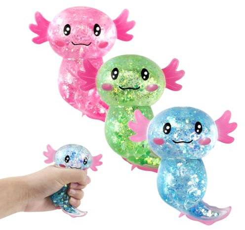 3 Stück Axolotl Squeeze Stress Spielzeug– Stressabbau & Entspannung, Glitzernde Axolotl Antistress Spielzeug Squishy, Squishy Squeeze Toys, Fidget Toys(Grün, Blau, Pink) für Kinder Erwachsener