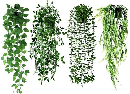 Roqueen 4 Pezzi Piante Artificiali Cadenti per Scaffale, Vite Finta di Eucalipto in Vaso, Vite Mandala, Felce di Boston, Pothos in Pentola per Casa Camera Parete Scaffale Interno Esterni Decorazi