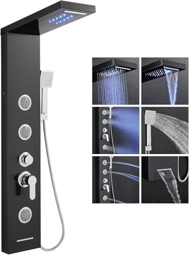 LIFFSSDG Sistema de Torre de Ducha Negra con Cabezal Cascada Termostático LED, 6 Funciones, 3 Chorros de Masaje y Boquilla de Bañera - Acero Inoxidable 304