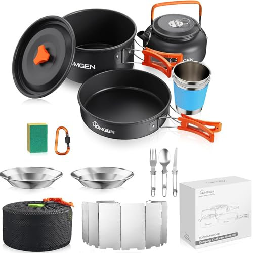HOMGEN Set de Cuisine de Camping avec Pare-Brise Ensemble de Casseroles et Poêles de Camping en Aluminium pour 2-3 Personnes - Batterie de Cuisine Portable Légère pour l’extérieur, la Randonnée