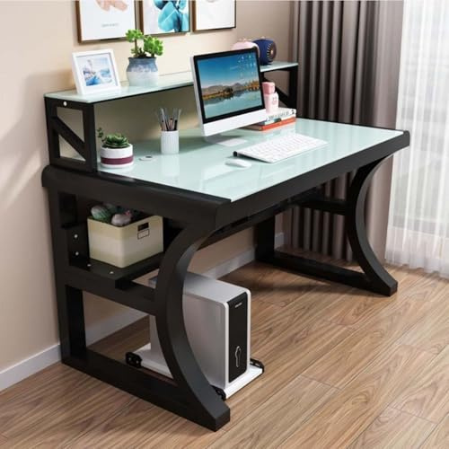 OOPDNEGAK Grand bureau d'ordinateur en verre trempé avec étagères de rangement, table de jeu moderne et simple avec cadre en métal, bureau d'étude pour bureau à domicile (E, 100 cm)